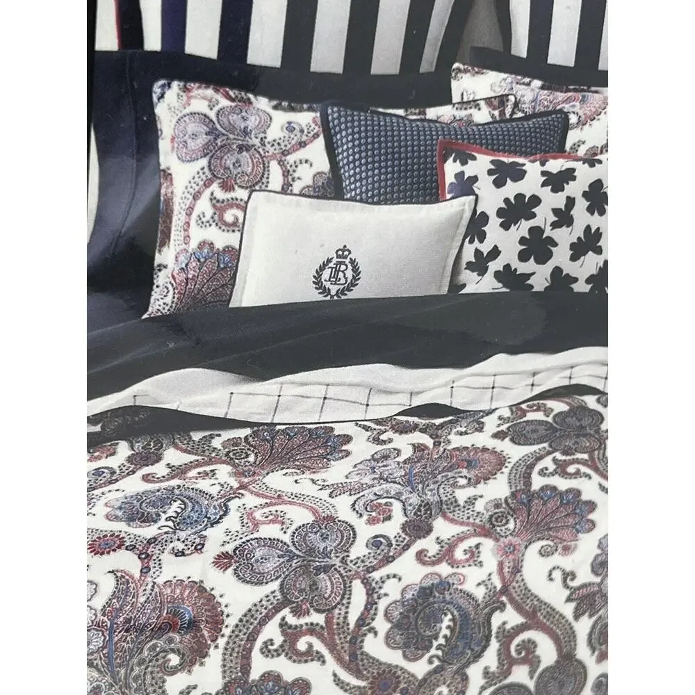 Ralph Lauren Carter Paisley Full Queen Duvet Cover Set Navy Sateen Reversible